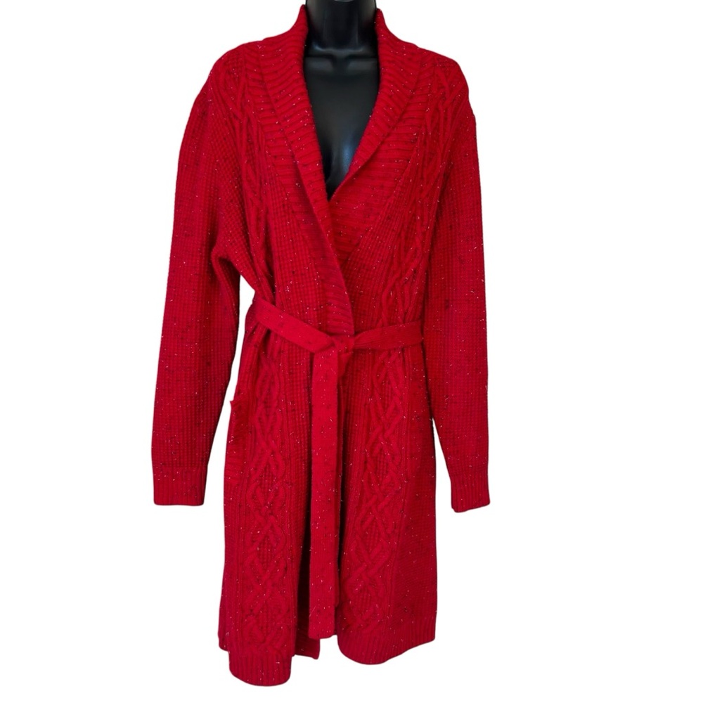 TALBOTS Belted Chunky Knit Red Long Cardigan Sweater Coat